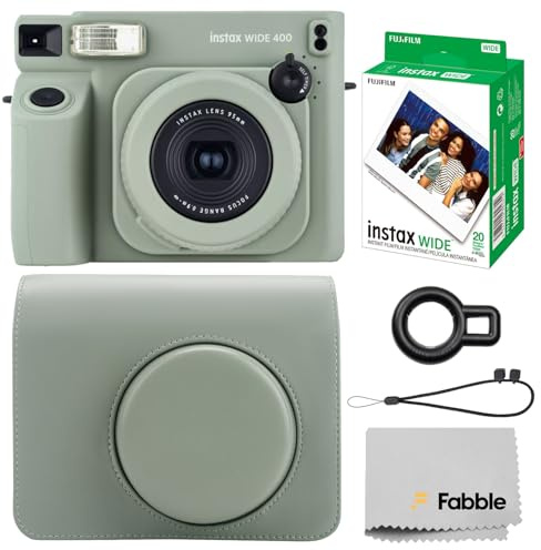 Fujifilm Instax Wide 400 Instant Film Camera (Sage Green) Bundle with Instax Wide Instant Film (20 Sheets), with Accessories Including Leather Camera Case