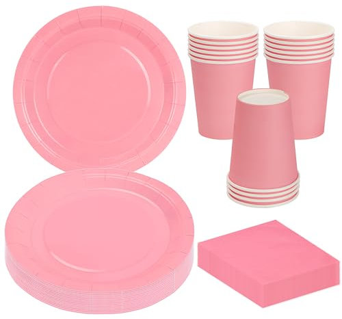 MestectPET 56 Pezzi Stoviglie per Feste Rosa, Piatto Tazze e Tovaglioli di Carta per 16 Ospiti, Set di Stoviglie per Compleanno Matrimonio Baby Shower Decorazioni per Tavola