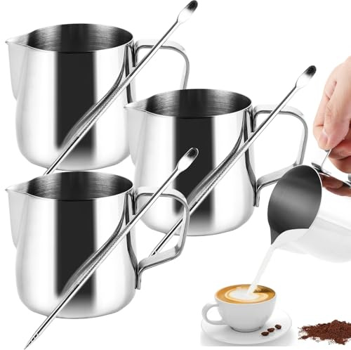APACALI 3 jarras de leche de acero inoxidable, 150 ml, jarra de espuma de leche Barista con medición Mark y Latte Art Stift, jarra espumador de leche para capuchino espresso