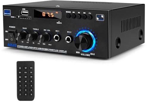 Bluetooth Amplifier,2.0 Channel Speaker Amplifier Car Amp HiFi Compatible with Speakers FM Radio, Karaoke, w/USB/2 MIC/SD/MMC/FM Inputs & Remote Control, Home & Car Speaker