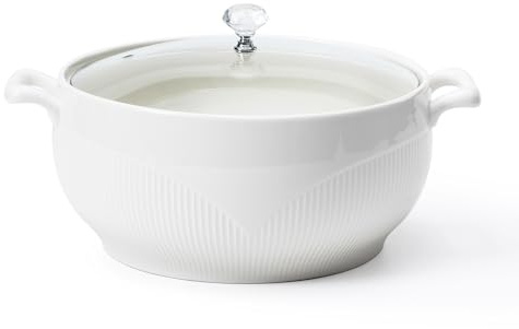 REANRO Ceramic Serving Soup Tureen Bowls with Glass Lid, White Porcelain Porcelain Serving Tureen, Ceramic Soup Pot for Salad Pasta Noodles Stew, Microwave and Dishwasher Safe (3.5L)