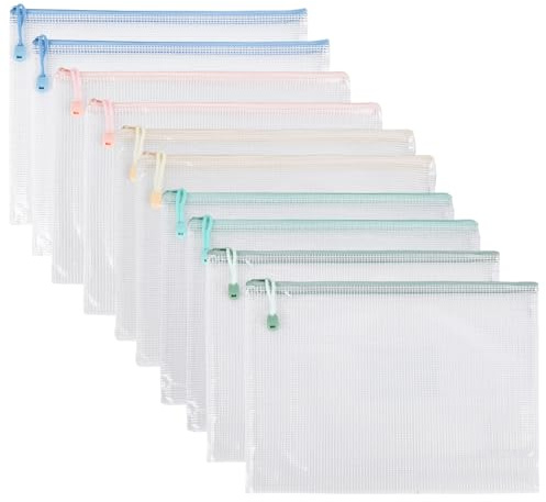 Dokumententasche aus Kunststoff, A4, Ordner, Reißverschluss, extra dickes Netzgewebe, Dokumententasche mit Reißverschluss, A4-Format, für Büros, Zuhause, Reisen, Schulbedarf (10 Stück, Stil B)