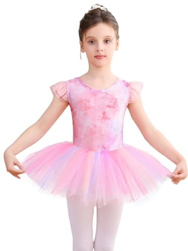 Bezioner Mallot de Ballet/Danza Niña Brillante Vestido Ballet Niñas Estampado Maillot Danza con Falda de Tutú Manga Corta Rosa 130 (6-8 años,120-130 cm)