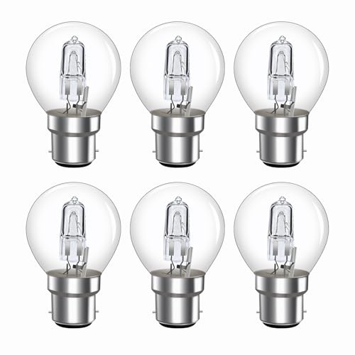 Caldarax Pack of 6 BC B22 G45 28W Golf Ball Bulb Dimmable, 370LM Warm White 2700K, AC 230V, B22 Bayonet Cap Classic Clear Mini Globe Round Light Bulb for Chandeliers