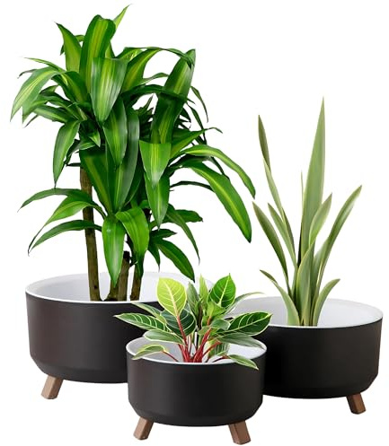 My Happy Home 3-Piece Tripot Flower Pot Set | Round Plastic Planters in 0.70L,1.30L,2.25L Sizes | Durable Decorative Plant Pots for Indoor Outdoor Use | Modern Design for Home,Balcony & Office, Black