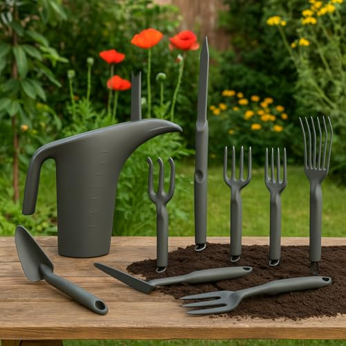 Set Giardinaggio 8 Pezzi con Annaffiatoio 4L – Trapiantatori, Rastrello, Forca, Tridente, Estirpatore e Zappetta – Varianti Colore Grigio o Dark Forest – Attrezzi per Giardino (Grigio)