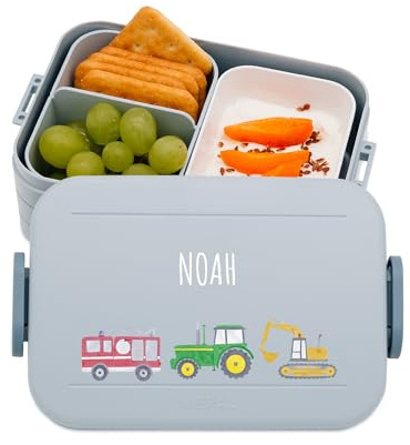 wunderwunsch MEPAL Brotdose Spülmaschinenfest Kinder, Lunchbox mit Einsatz für perfekte Ordnung, Spülmaschine, Mikrowellengeeignet, personalisiert mit niedlichem Motiv (Fahrzeuge, blau)