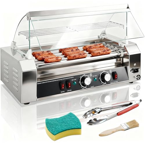 Hot Dog Roller Machine 5 Rollers 12 Hot Dogs Capacity, 750W Portable Hot Dog Roller with LED Lighting, Hotdog Roller Grill with Dual Temp Control, Glass Cover, Removable Tray for Kitchen, Party