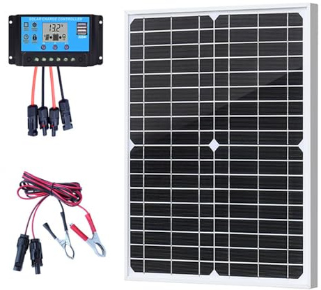 XINPUGUANG Kit Panneau Solaire 20W 12V pour RV, Bateau, Moto | Panneau solaire de 20 W + régulateur de charge PWM + câble de 2 mètres de long, section 18 AWG, 410 × 320 × 17 mm