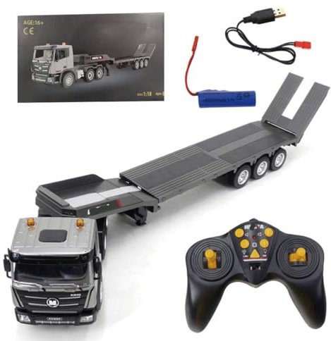 ENGINEMECH Veicolo da costruzione radiocomandato 1:18 rimorchio piano, 2.4G 9CH metallo RC carro rimorchio Natale per adulti regali