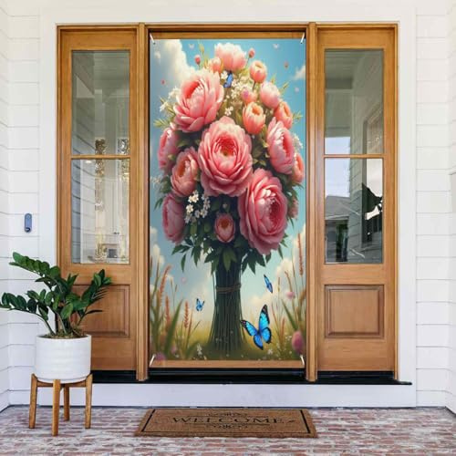 Türabdeckungen Dekorationen – moderner Blumenstrauß, rosa Druck, Nr. 101, Herbst-Winter-Türbanner für Vorderseite, Frühling-Sommer-Schild, Abdeckung, Banner, hängender Hintergrund für Außen- und