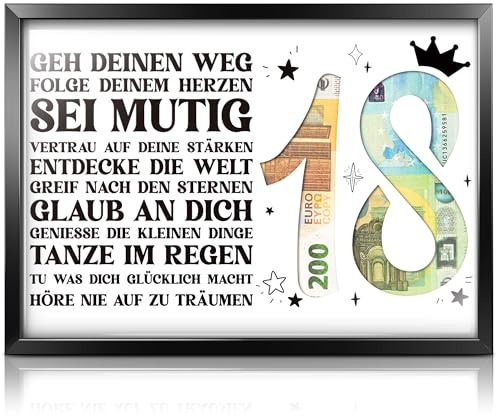 Ivrmtal 18. Geburtstag Geschenk Junge Mädchen – Geldgeschenk Bilderrahmen zum 18 Geburtstag, Geburtstagsgeschenk 18 Jahre, Geschenkidee für Jungen & Mädchen, Deko & Karte, Din A4