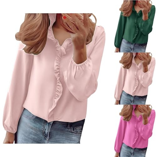 Damblus elegant festlig bröllop långärmad damer blusar bomull långärmad skjorta med puffärmar volangblus lös t-shirt ruffle blusskjorta termo blusar vår skjorta blus lös, Het rosa, XXL
