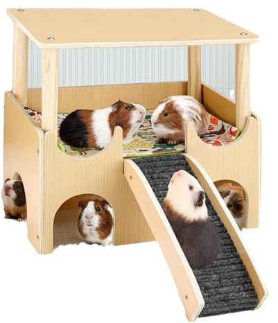 Rxgiasup Nagerhaus aus Holz, 3 Eingänge, mit rutschfesten Rampen und 2 Decker-Design, für Kleintiere, Klettern, Ruhen, Meerschweinchenhaus aus Holz