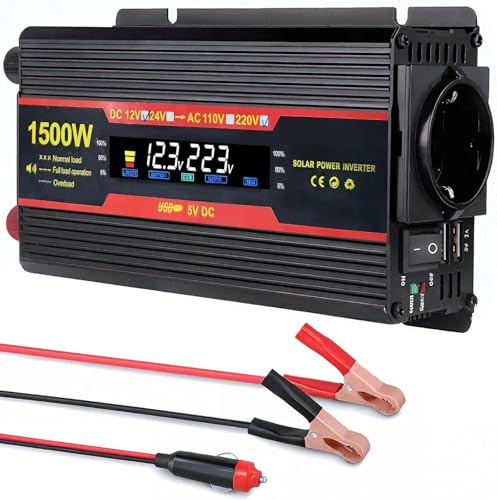 1500 W Inverter 12 V 220 V Trasformatore Accendisigari Convertitore | Sinus puro 2 x USB 1 x Presa e Convertitore per Auto Veicoli Caravan Camper Viaggi Camion