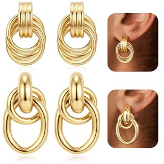Chriscoco 2Paar Knoten Ohrringe Silber 925 14K Vergoldete Statement Ohrringe Hypoallergene Ohrring Hängend Leichte Tropfen Goldene Ohrring for Damen Mädchen - mit Schmuckbox