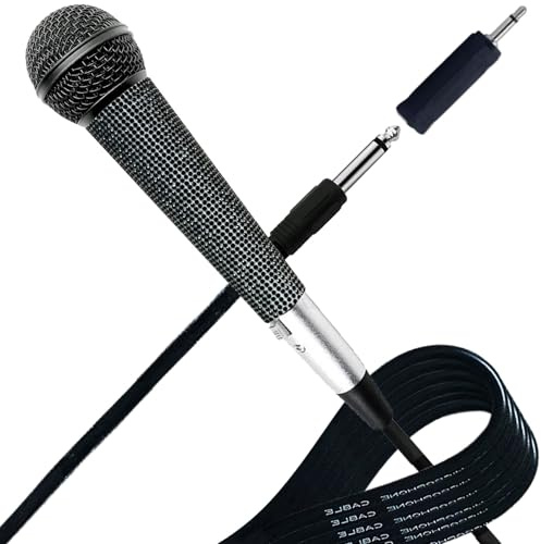 RhymKawa Vocal Microphone with XLR Cable, Black Die-Cast Body and Sparkle Rhinestones Handle Sleeve for KTV, Singing, DJ, Church