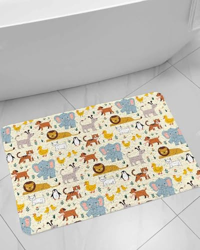Cute Animals Shower Mat Non Slip Bathtub Mat Elephants Tigers Lions Bird Cat Duck Penguins Bath Mat Soft Loofah Shower Mats for Shower Tub Bathroom Quick Drying Foot Mat, 16x24 Inch