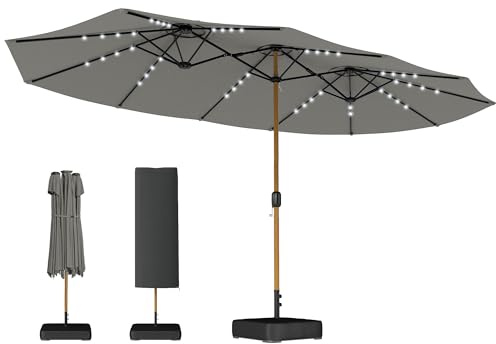 Outsunny Sombrilla Doble con 48 Luces LED, 4,6x2,6 m, Sombrilla Terraza Exterior con Base Incluida, Manivela, Sacos Arena, Funda, Anti-UV, Resistente al Agua, Parasol para Jardín, Terraza, Gris