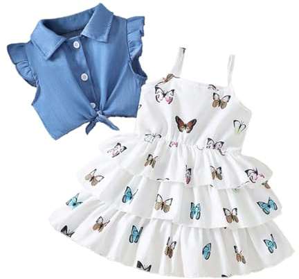 LUVCES Småbarn, baby, flicka, rosett, tyllklänning och kofta, set, 2 stycken, ärmlös tyllklänning med blommönster och kortärmad/långärmad kofta, outfit, D: kortärmad fjäril, 9-12 månader