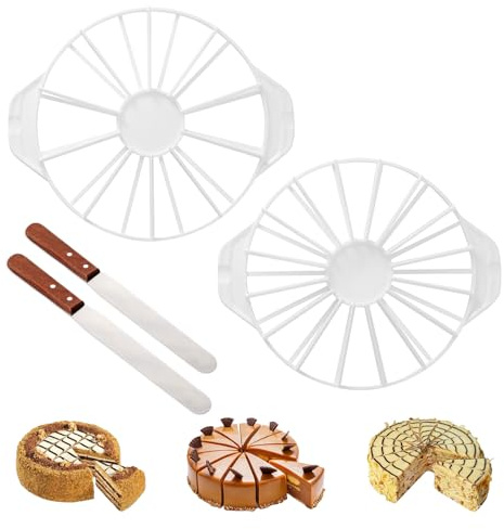 GYYXH Cake Divider Set 2 Double Sided Slicers 2 Wooden Handle Scrapers | 10, 12, 14, 16 Equal Portions Round Marker, White ABS Plastic Baking Decoration Tools for Portioning Pie, Bread, and Mousse