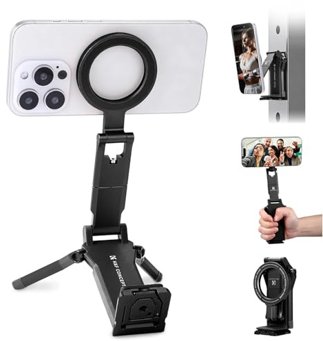 K&F CONCEPT 4‑en‑1 Trípode Magnético para Teléfono, Imanes Doble Cara | 15N/20N, Modo Trípode, Pinza, Superficie Magnética y Gimbal, Brazo Ajustable a 270°, Montura Arca‑Swiss y 1/4, Negro -PT03