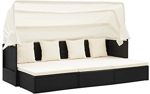 TUERYAFEK Poly Rattan Sonneninsel mit Dach Schwarz, PE Rattan Sonnenliege für Garten Terrasse Pool, Tagesbett mit aufklappbarem Tisch und waschbaren Kissenbezügen