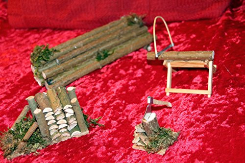 miniaturentraum Krippen Zubehör,Set, Holzstapel,Hackklotz mit Beil, Sägebock mit Säge, Holzstoß