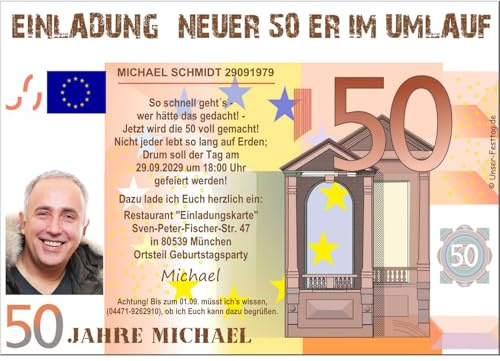 Geburtstagseinladung für 50 Jahre mit Foto - eigener Text wird eingedruckt | lustig und originell Männer Frauen, Menge 20, Größe DIN A6
