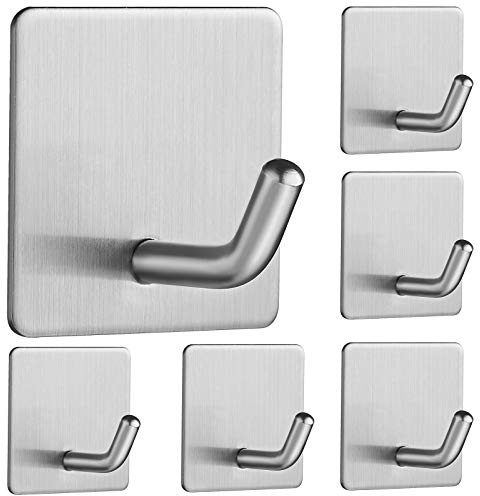 Self Adhesive Hooks 6 PCS 304 Stainless Steel Brushed Silver Extra Sticky | JS Adhesive Hooks Hanging up to 6K Heavy Duty Stick on Hook No-Nails Rustproof for Bathroom Kitchen Hold Towel Loofah Robe