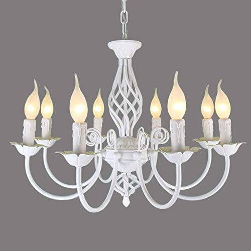 Rustikale 8-Licht Pendelleuchte, Französischer Country Vintage Kronleuchter, Metall Weiß Anhänger Hängeleuchten, Höhenverstellbare Kerze Pendellampe, Küche Bauernhaus Esszimmer Wohnzimmer Hängelampe