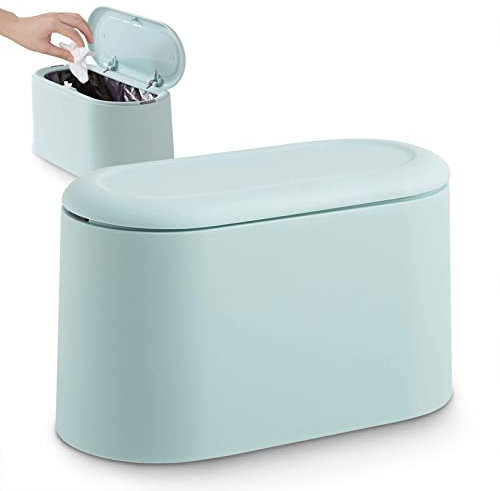 JEEZAO Mini Cestino da Scrivania, Bidone Spazzatura con Coperchio a Molla a Spinta per Cucina Camera Bagno,Contenitore per Alimenti per Animali Domestici (Azzurro)