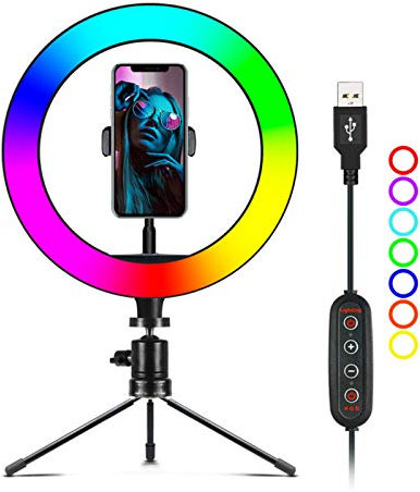 Anello luminoso per selfie con luce ad anello RGB da 10 pollici con treppiede e supporto per telefono, Dimmerabile 14 colori Desktop Ringlight per video, vlog, live streaming, trucco