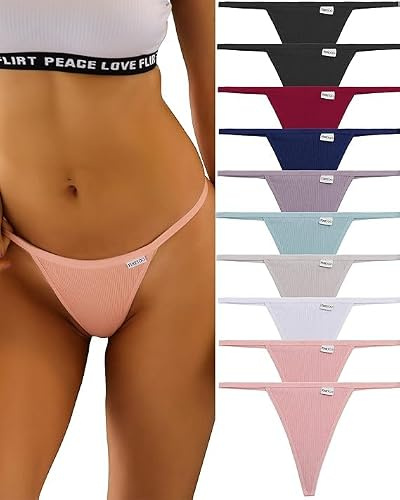 FINETOO 10 Pack G-String Thongs for Women Cotton Panties Stretch T-back Tangas Low Rise Hipster Underwear Sexy S-XL (10 pack thongs, Small)