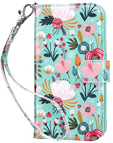 ULAK for iPhone 13 Case Wallet with Card Holder, Mint Flower | [RFID Blocking] Flip Cover with Kickstand PU Leather + TPU Bumper Full Protective Phone Case for iPhone 13 6.1 inch
