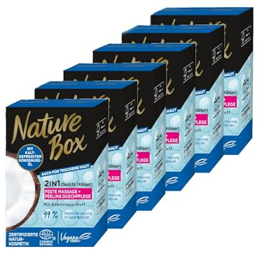 NATURE BOX feste Duschpflege 2in1 Massage + Peeling Mit Kokosnuss-Duft, 6er Pack (6x 90 g)