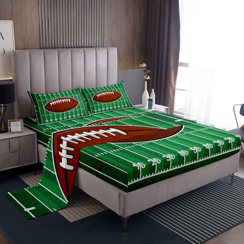 Feelyou Kids American Football Bed Sheet Set Rugby Ball Pattern Sheets Set Full Size Green Sport Arena Sheets with Deep Pocket Fitted Sheet for Boys Room Sports Theme Decor Lightweight Bed Set