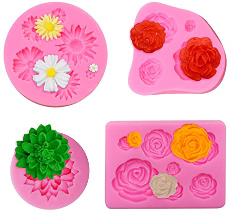 4 moldes de silicona para fondant, moldes de flores para tartas, moldes de flores de glaseado 3D, moldes de flores de margarita, moldes de silicona para fondant, jabón, pastel