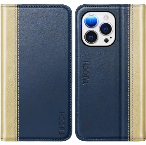 TUCCH Coque Folio pour iPhone 14 Pro 5G Portefeuille Cuir, Or & Bleu | RFID Blocage, Antichoc, Support, Fentes Cartes, 6,1 pouces