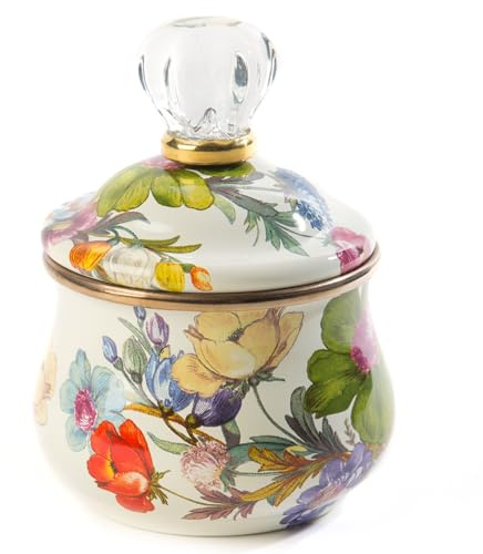 MACKENZIE-CHILDS Enamel Lidded Sugar Bowl, Small Serving Bowl with Lid, 10-Ounce Capacity, White Flower Market