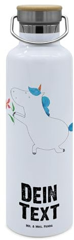 Mr. & Mrs. Panda Personalisierte Flasche Einhorn Blume - Geschenke, Trinkflasche personalisiert, Verlobung, Liebe, Thermosflasche, Unicorn, Edelstahl Mit Gravur, Einhörner, Heiraten, Namen