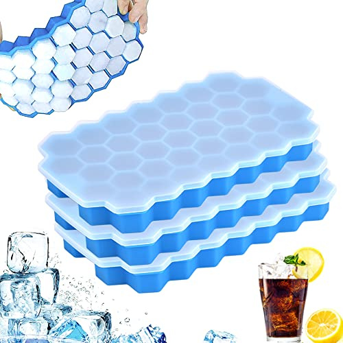 Eiswürfelform, Silikon Eiswürfelbehälter mit Deckel, 3er-Pack 111 Eiswürfel, BPA Frei Eiswürfelformen für Getränk (Blau, 3 Packungen)
