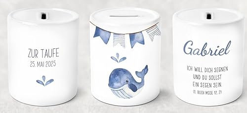 Spardose ZUR TAUFE personalisiert mit Wal in weiß & blau Tauf-Geschenk Sparbüchse Patengeschenk Geschenk-Idee Taufe & Geburt mit Namen Taufdatum & Taufspruch für Jungen & Mädchen geeignet - 1 Stück