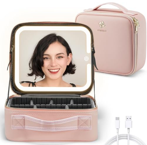 OMIRO LED Kosmetiktasche - Professionelle Make up Tasche mit beleuchtetem Spiegel - kompakt und praktisch für unterwegs (Rosa)