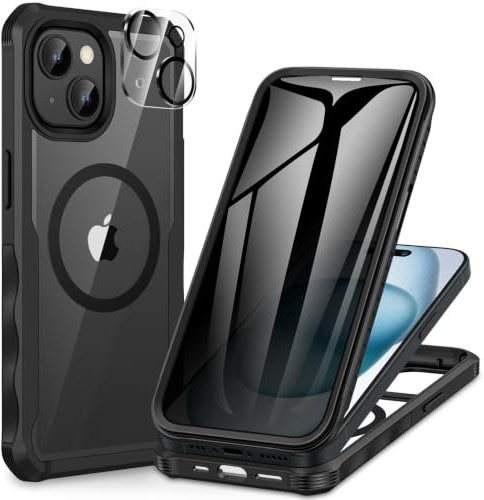 CENHUFO Sichtschutz Hülle für iPhone 15, Kompatibel mit MagSafe Eingebautem Privacy Panzerglas Displayschutz und Kameraschutzfolie 360 Grad Handyhülle Magnetisch Schutzhülle Stoßfest Case -Schwarz