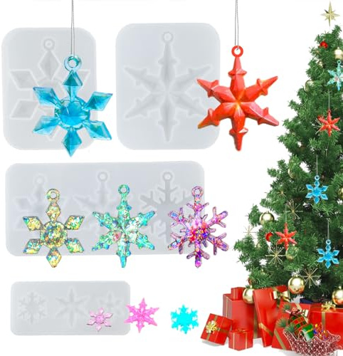 4 Stück Schneeflocke Silikonform Weihnachten Schneeflocke Anhänger Formen | Weihnachts Anhänger Gießform Silikon Weihnachts Dekoration Christbaumschmuck Weihnachts Hängende Ornamente Harzform