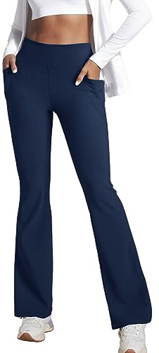 Women Flared Leggings with Pockets High Waist Bootcut Yoga Pants Tummy Control Stretch Flared Trousers for Workout Fitness Gym Navy