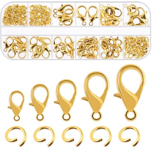 Swpeet 170 pezzi oro 10mm 12mm 14mm 16mm 18mm anello di sospensione aperto e 6mm chiusura a granchio combo Kit, perfetto kit di scoperta di gioielli per fai da te fare segnalibri