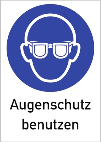 Dreifke® Aufkleber (Folie) Augenschutz benutzen, 21x29,7cm (BxH), Folie selbstklebend, 1 Stück, Gebotszeichen (M004) gem. ISO 7010 mit Text: Augenschutz benutzen