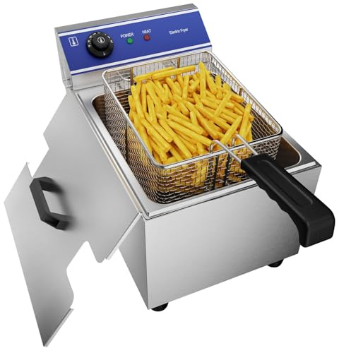 Electric Fryer Deep Fryer Commercial Stainless Steel Tank With Lid Easy Clean Home &Commercial Use Countertop Kitchen Fat Fryer Frying Machine for French Fries (Single Tank,8L)
